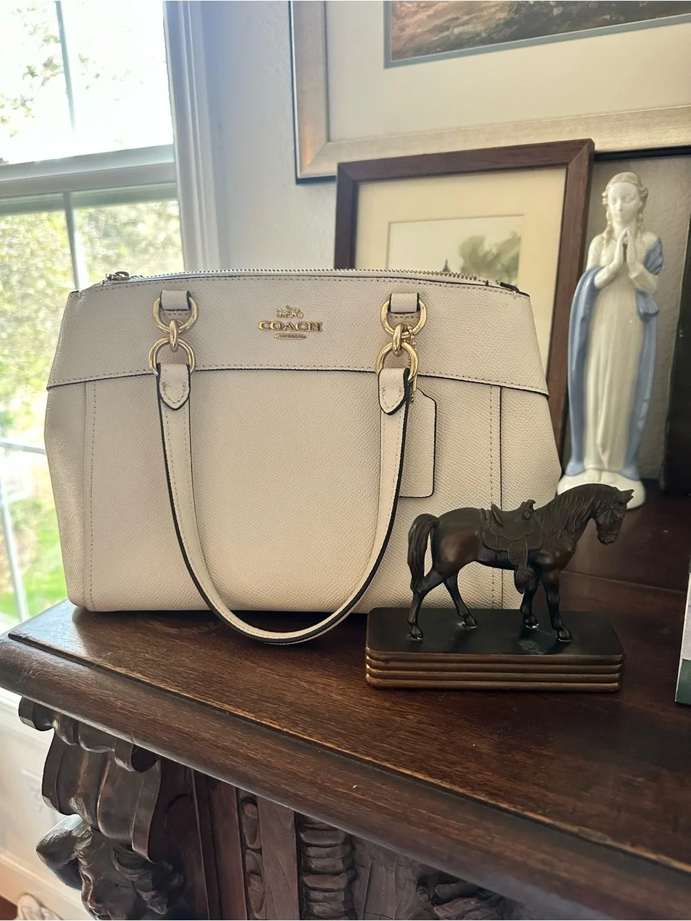 Coach Light Cream Saffiano Leather Satchel with Gold Hardware
